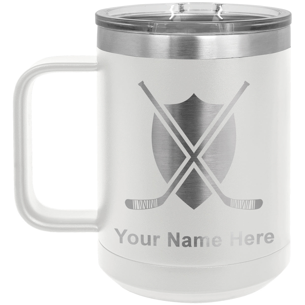 15oz Vacuum Insulated Coffee Mug, Hockey Sticks, Personalized Engraving Included