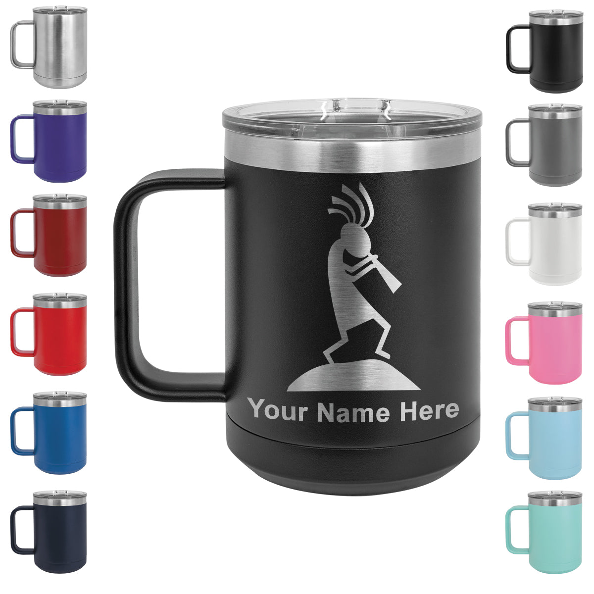 15oz Vacuum Insulated Coffee Mug, Kokopelli, Personalized Engraving Included