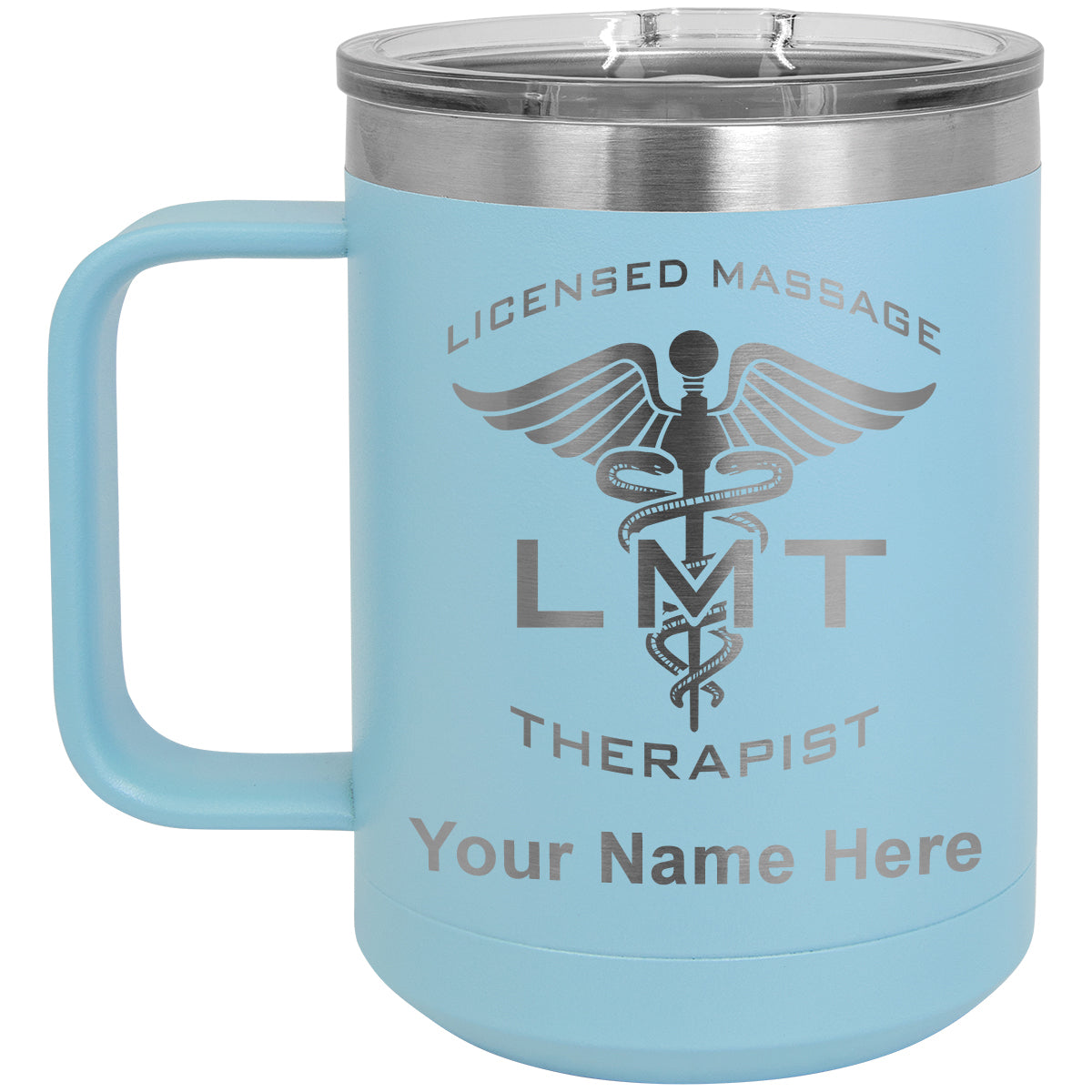 15oz Vacuum Insulated Coffee Mug, LMT Licensed Massage Therapist, Personalized Engraving Included