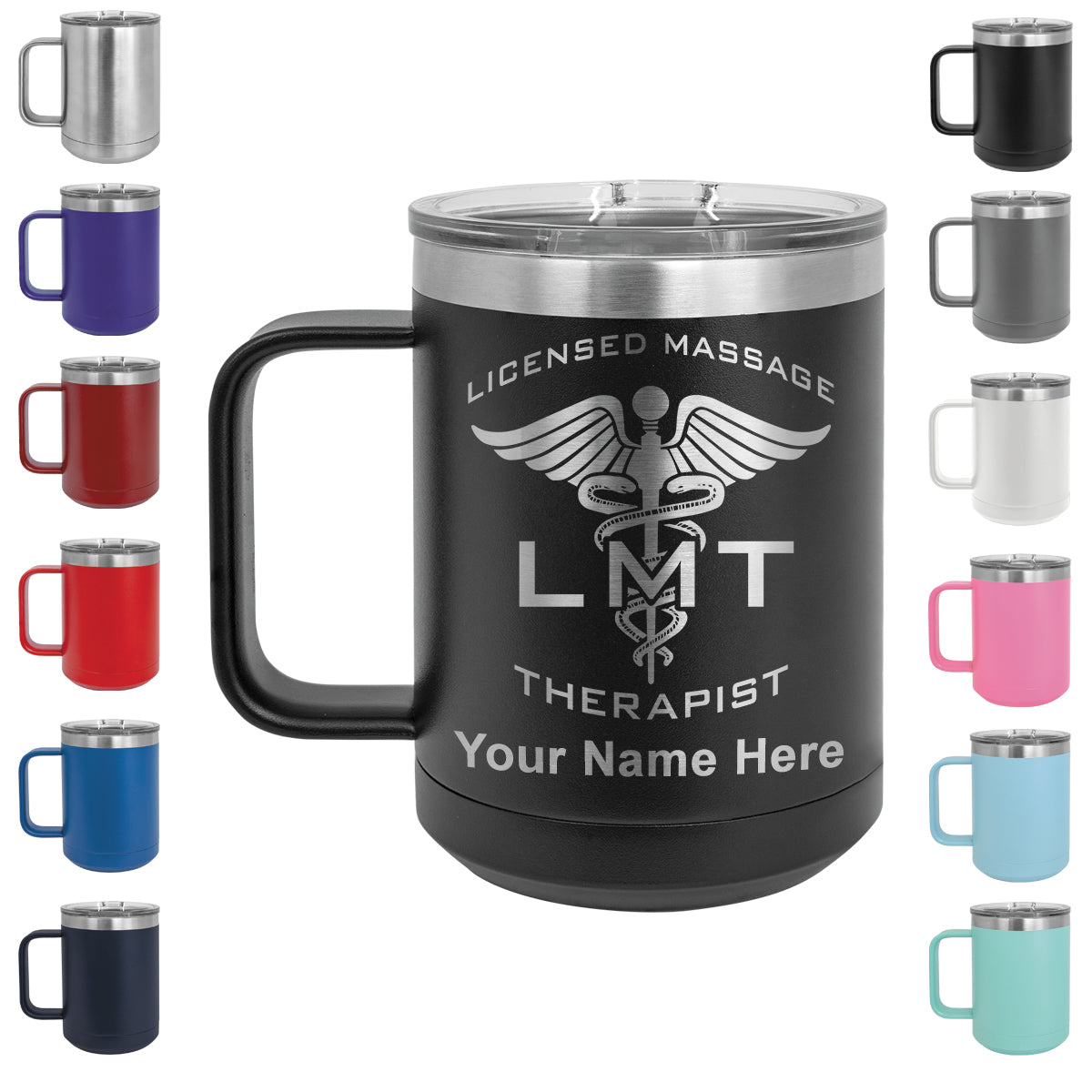 15oz Vacuum Insulated Coffee Mug, LMT Licensed Massage Therapist, Personalized Engraving Included