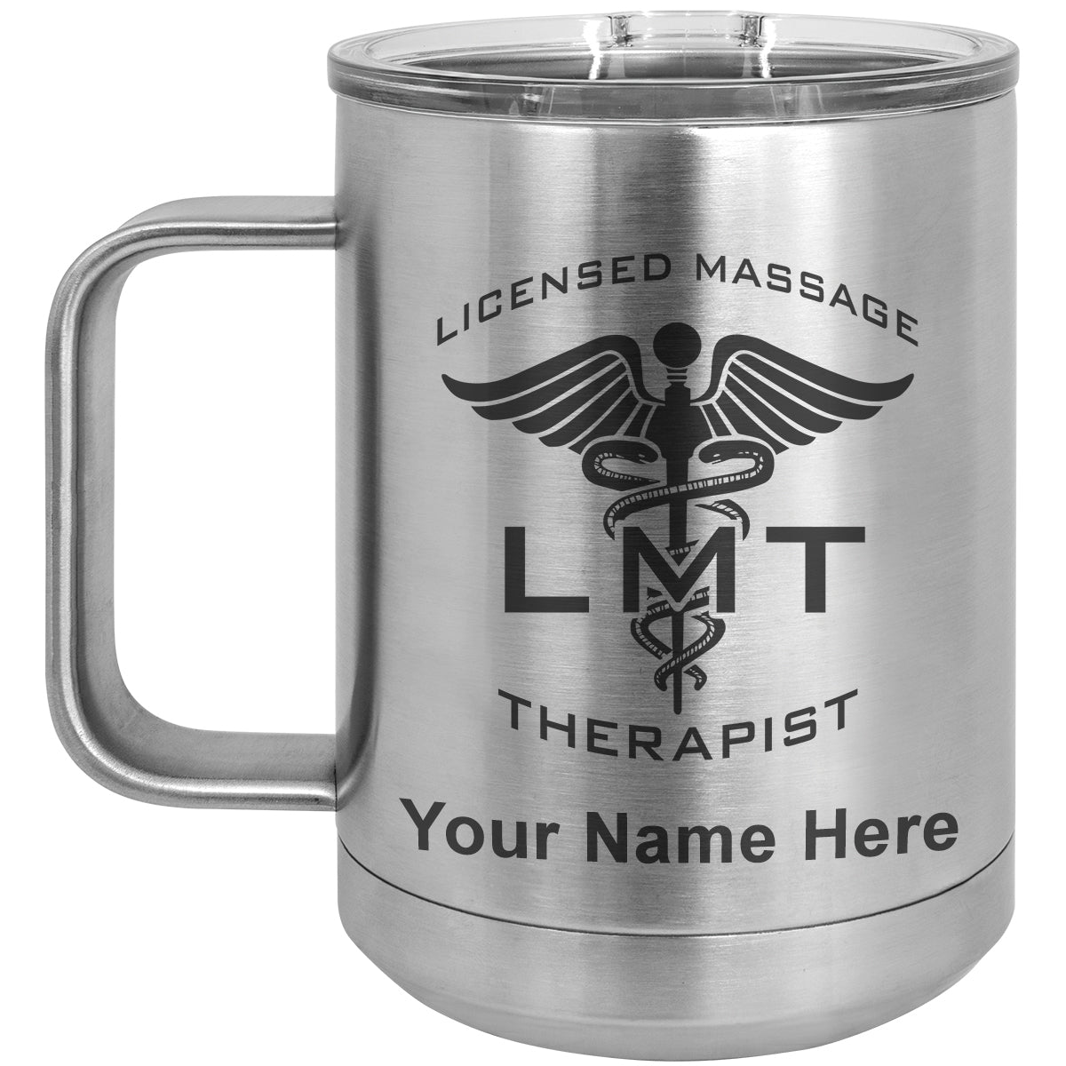 15oz Vacuum Insulated Coffee Mug, LMT Licensed Massage Therapist, Personalized Engraving Included