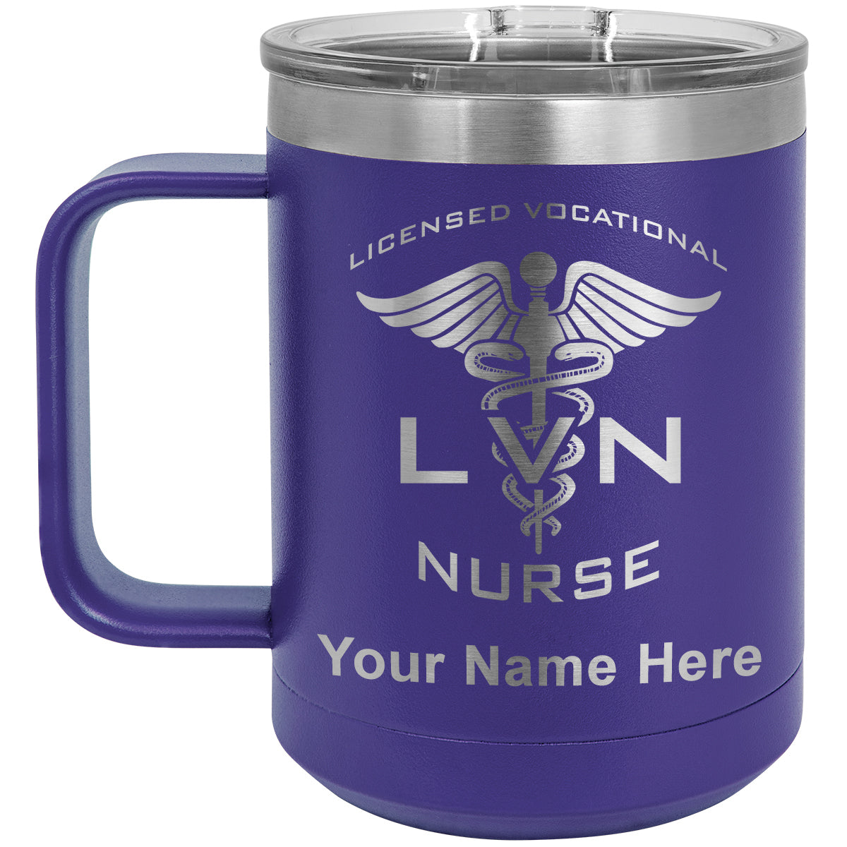 15oz Vacuum Insulated Coffee Mug, LVN Licensed Vocational Nurse, Personalized Engraving Included