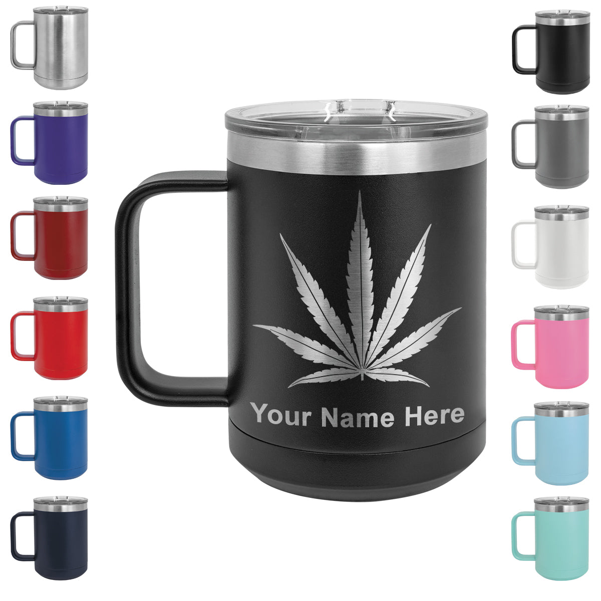15oz Vacuum Insulated Coffee Mug, Marijuana leaf, Personalized Engraving Included