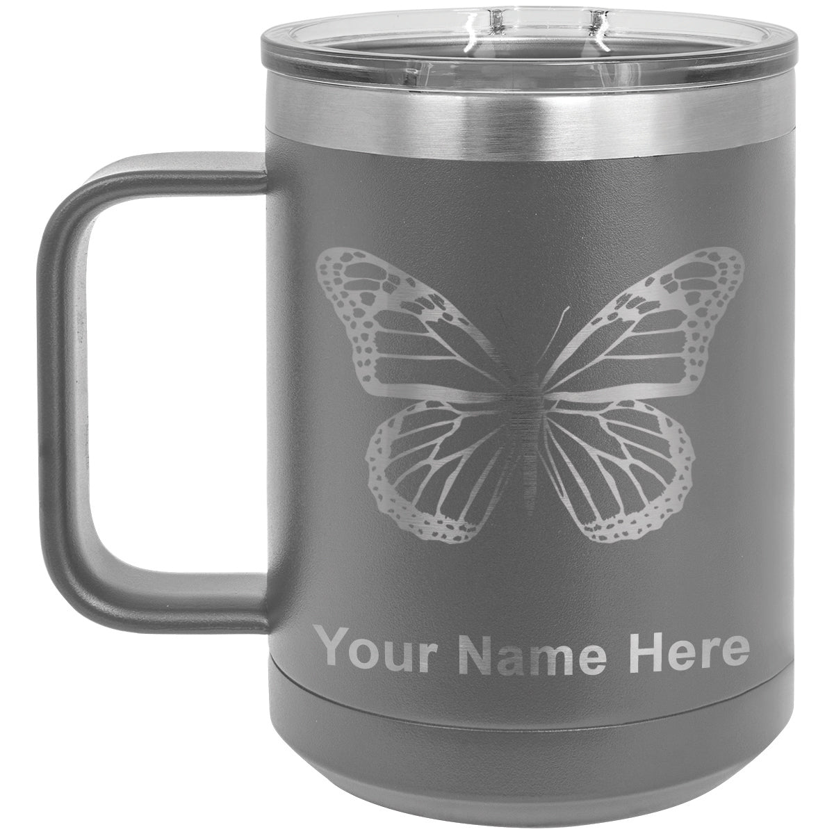 15oz Vacuum Insulated Coffee Mug, Monarch Butterfly, Personalized Engraving Included