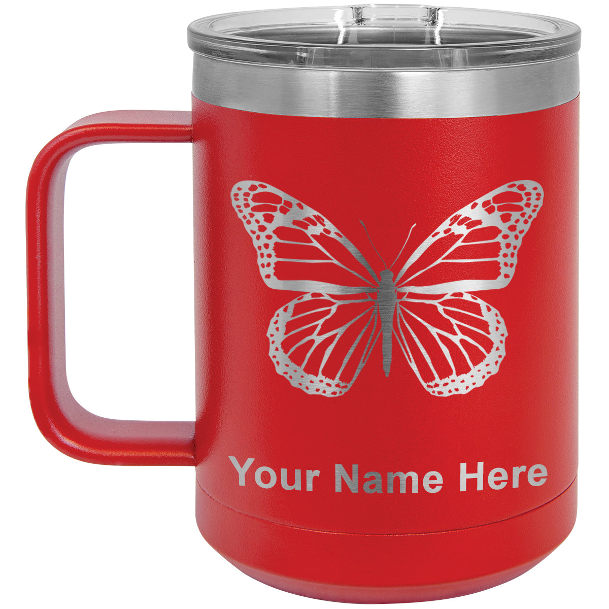 15oz Vacuum Insulated Coffee Mug, Monarch Butterfly, Personalized Engraving Included