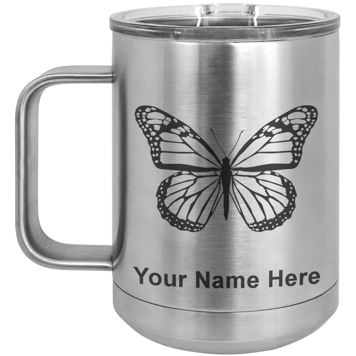 15oz Vacuum Insulated Coffee Mug, Monarch Butterfly, Personalized Engraving Included