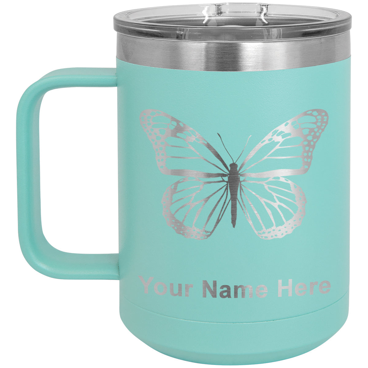 15oz Vacuum Insulated Coffee Mug, Monarch Butterfly, Personalized Engraving Included