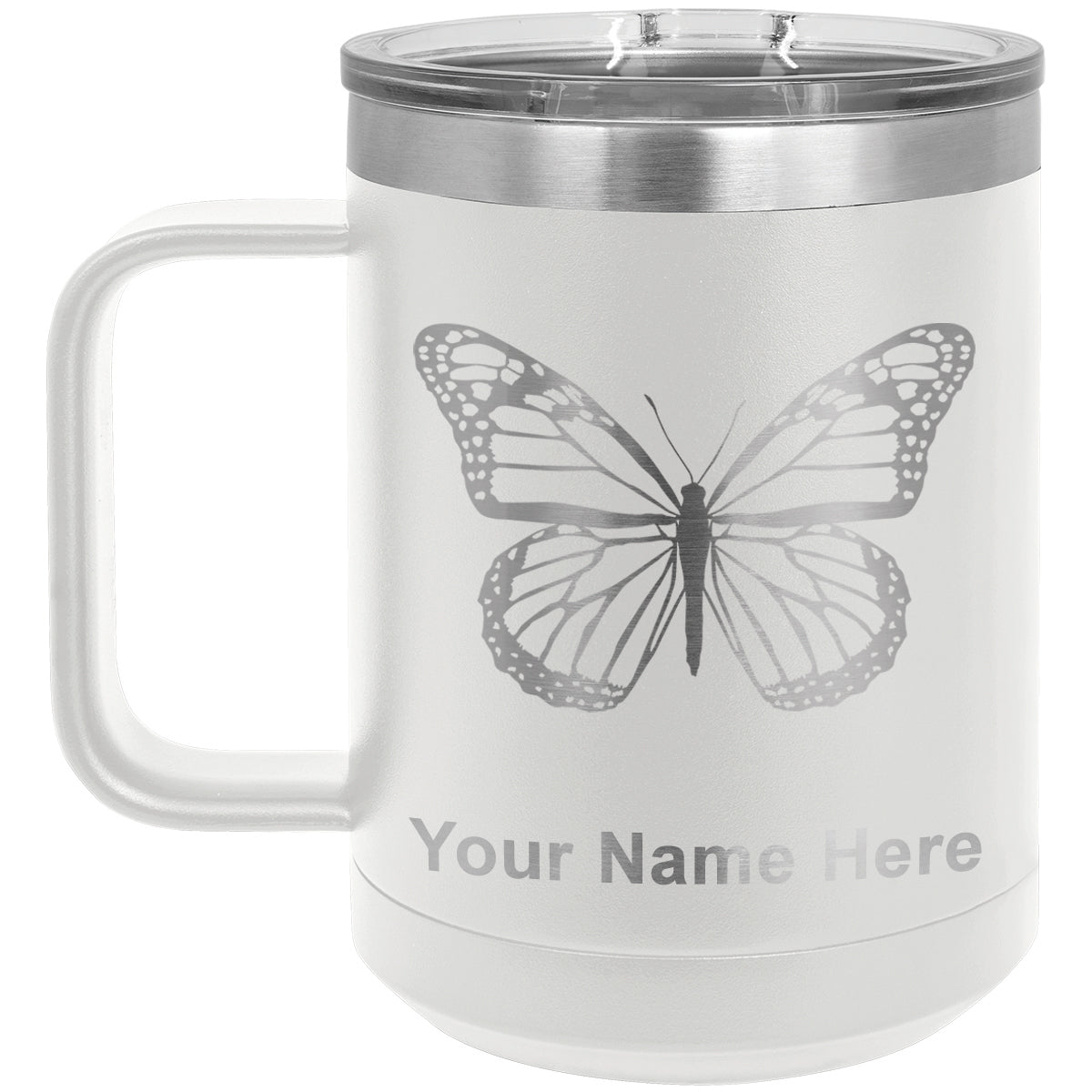 15oz Vacuum Insulated Coffee Mug, Monarch Butterfly, Personalized Engraving Included