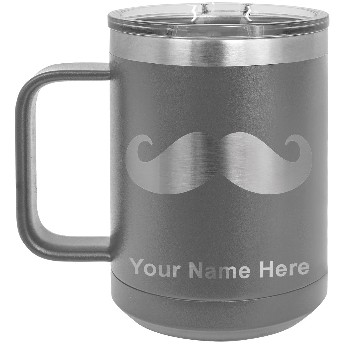 15oz Vacuum Insulated Coffee Mug, Mustache, Personalized Engraving Included