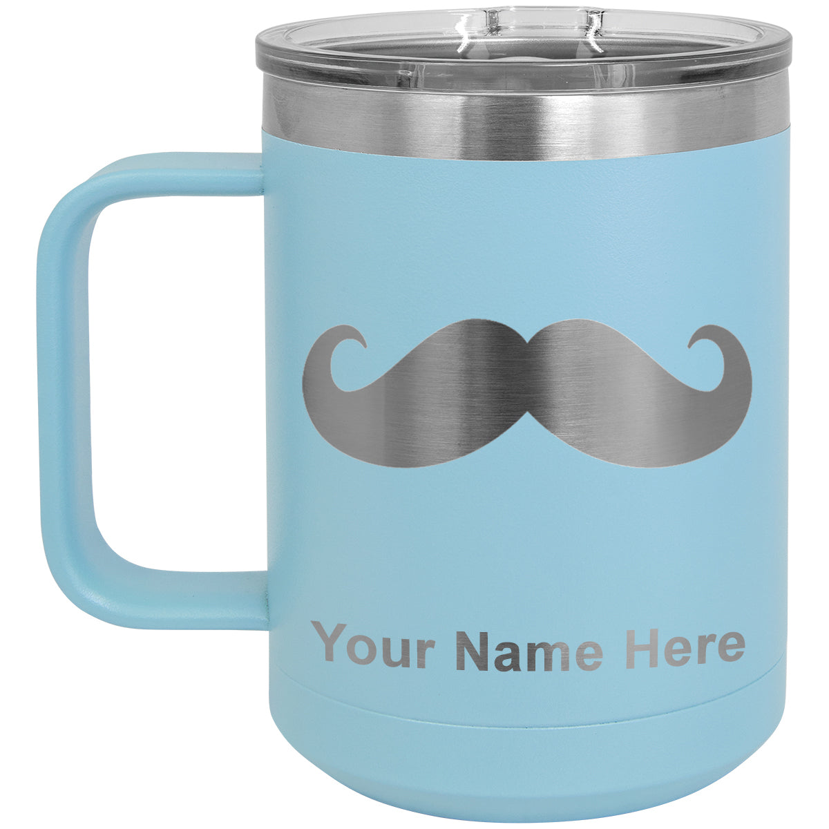 15oz Vacuum Insulated Coffee Mug, Mustache, Personalized Engraving Included