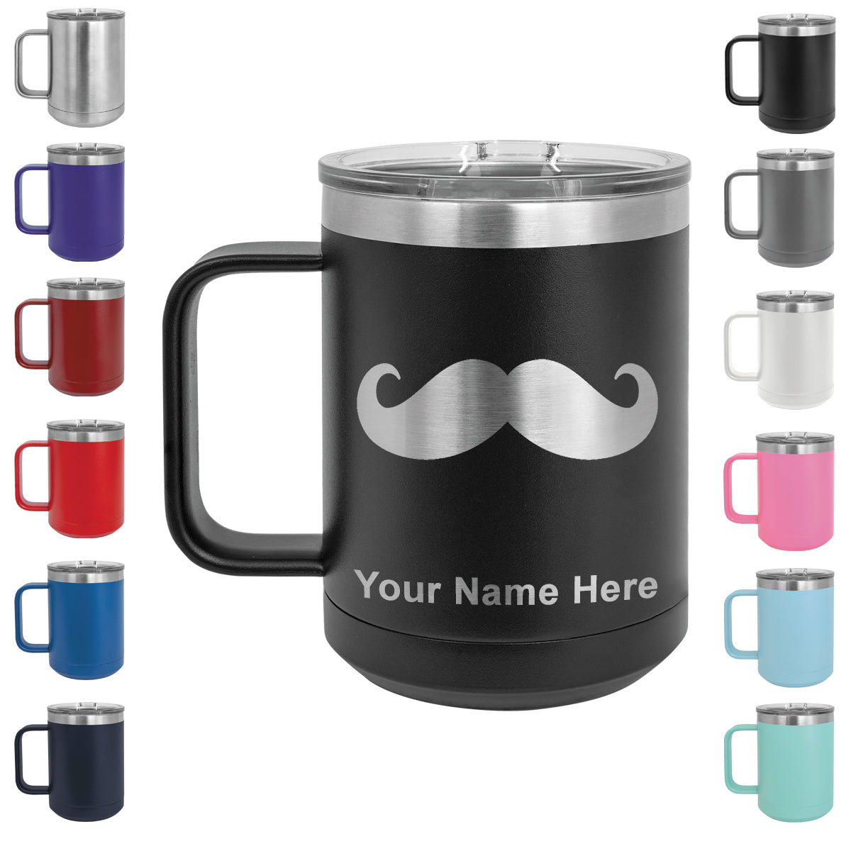 15oz Vacuum Insulated Coffee Mug, Mustache, Personalized Engraving Included