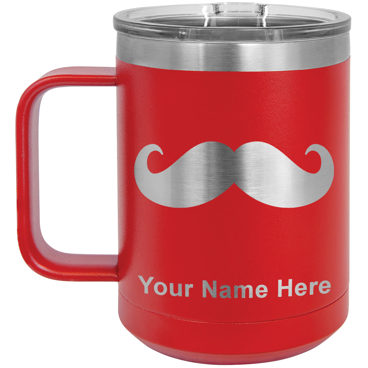 15oz Vacuum Insulated Coffee Mug, Mustache, Personalized Engraving Included