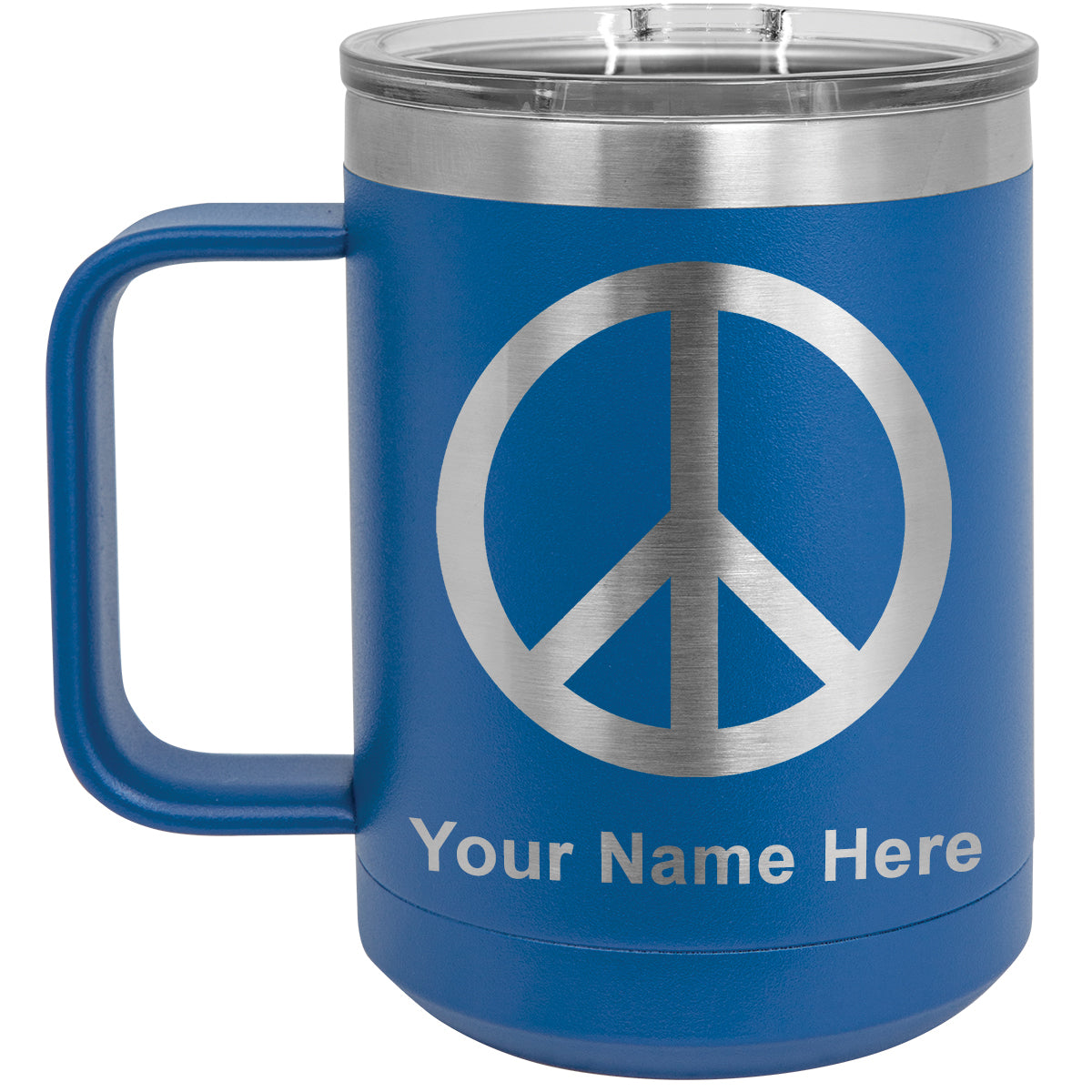 15oz Vacuum Insulated Coffee Mug, Peace Sign, Personalized Engraving Included