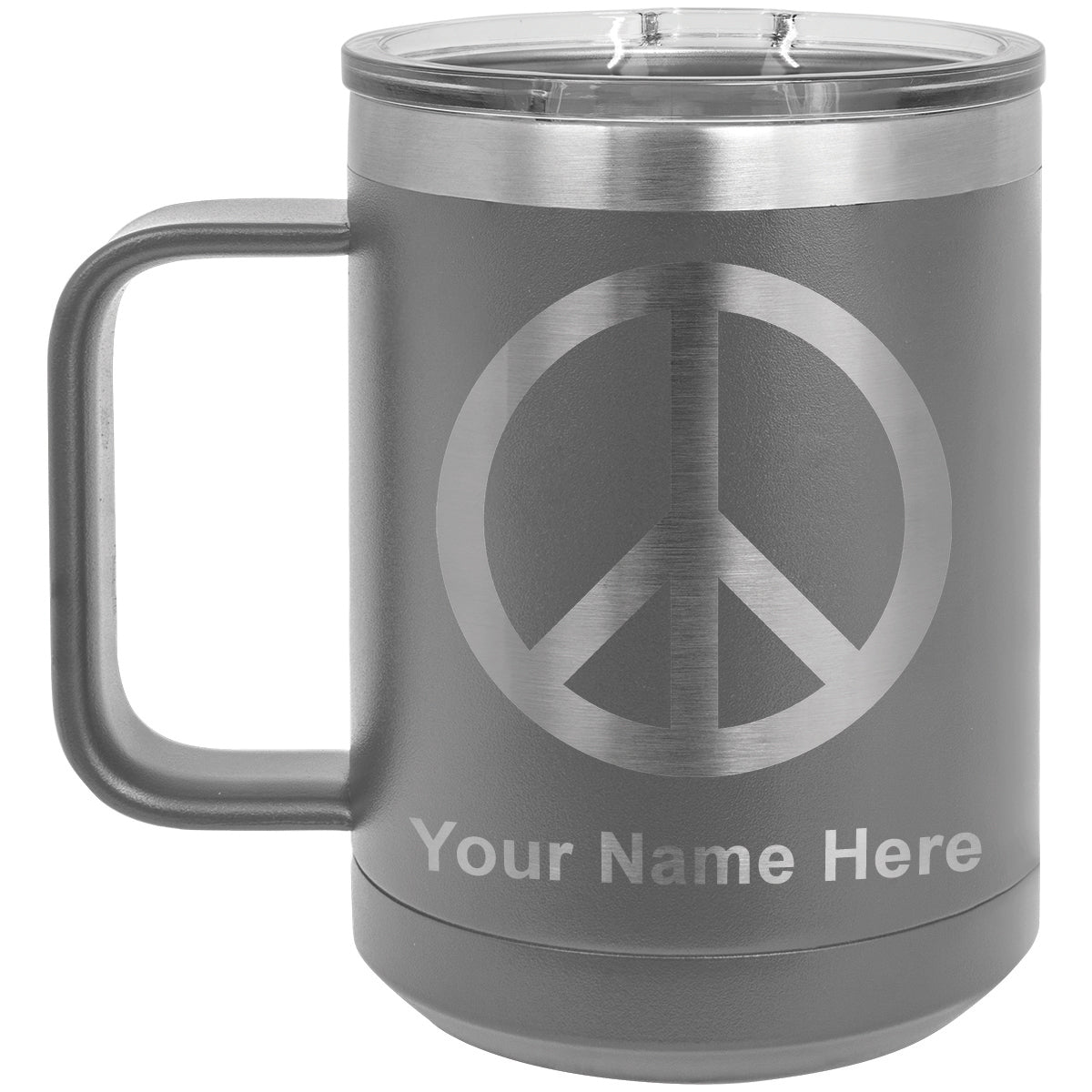 15oz Vacuum Insulated Coffee Mug, Peace Sign, Personalized Engraving Included