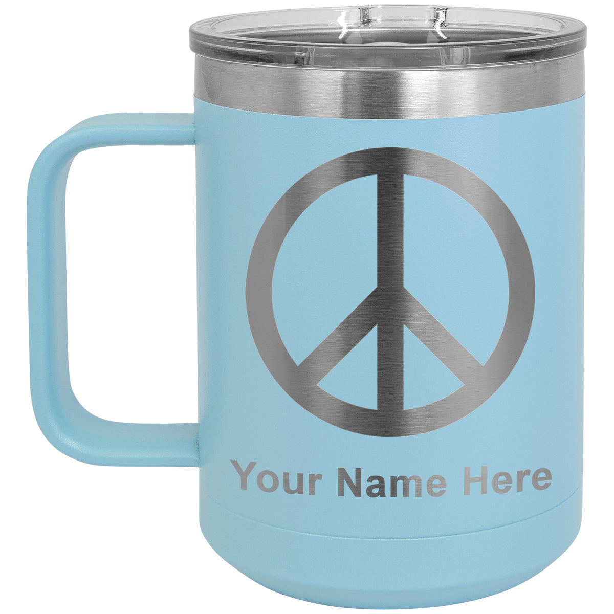15oz Vacuum Insulated Coffee Mug, Peace Sign, Personalized Engraving Included