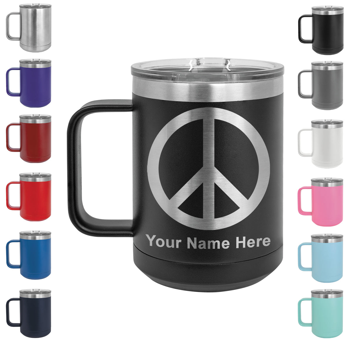 15oz Vacuum Insulated Coffee Mug, Peace Sign, Personalized Engraving Included