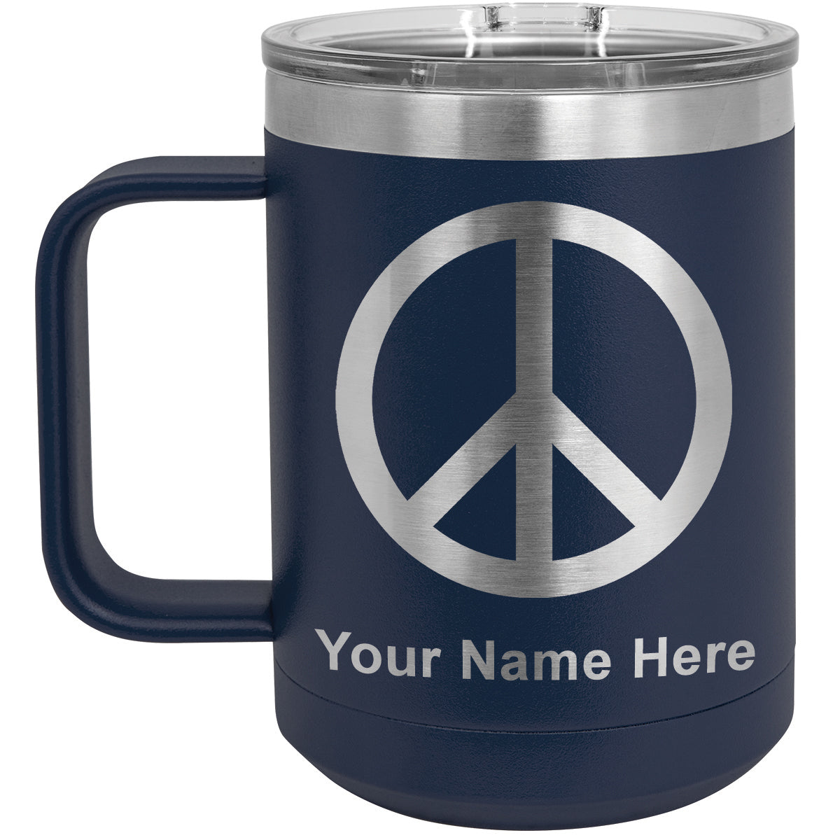15oz Vacuum Insulated Coffee Mug, Peace Sign, Personalized Engraving Included