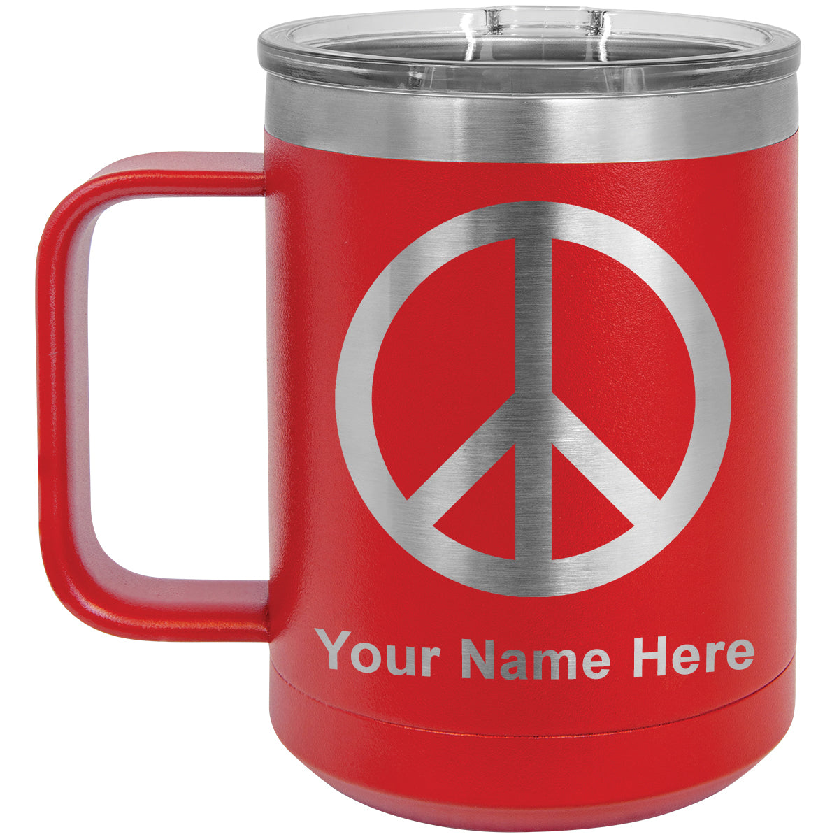 15oz Vacuum Insulated Coffee Mug, Peace Sign, Personalized Engraving Included