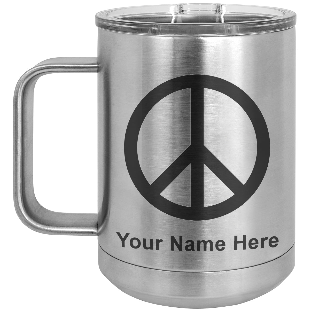 15oz Vacuum Insulated Coffee Mug, Peace Sign, Personalized Engraving Included