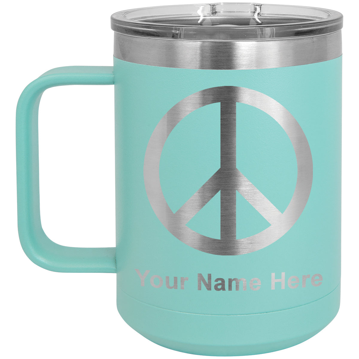 15oz Vacuum Insulated Coffee Mug, Peace Sign, Personalized Engraving Included