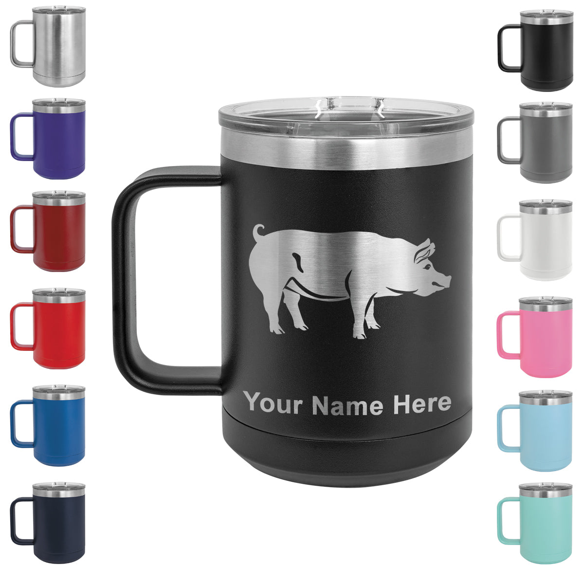 15oz Vacuum Insulated Coffee Mug, Pig, Personalized Engraving Included