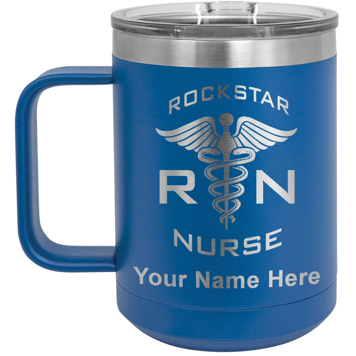 15oz Vacuum Insulated Coffee Mug, RN Rockstar Nurse, Personalized Engraving Included