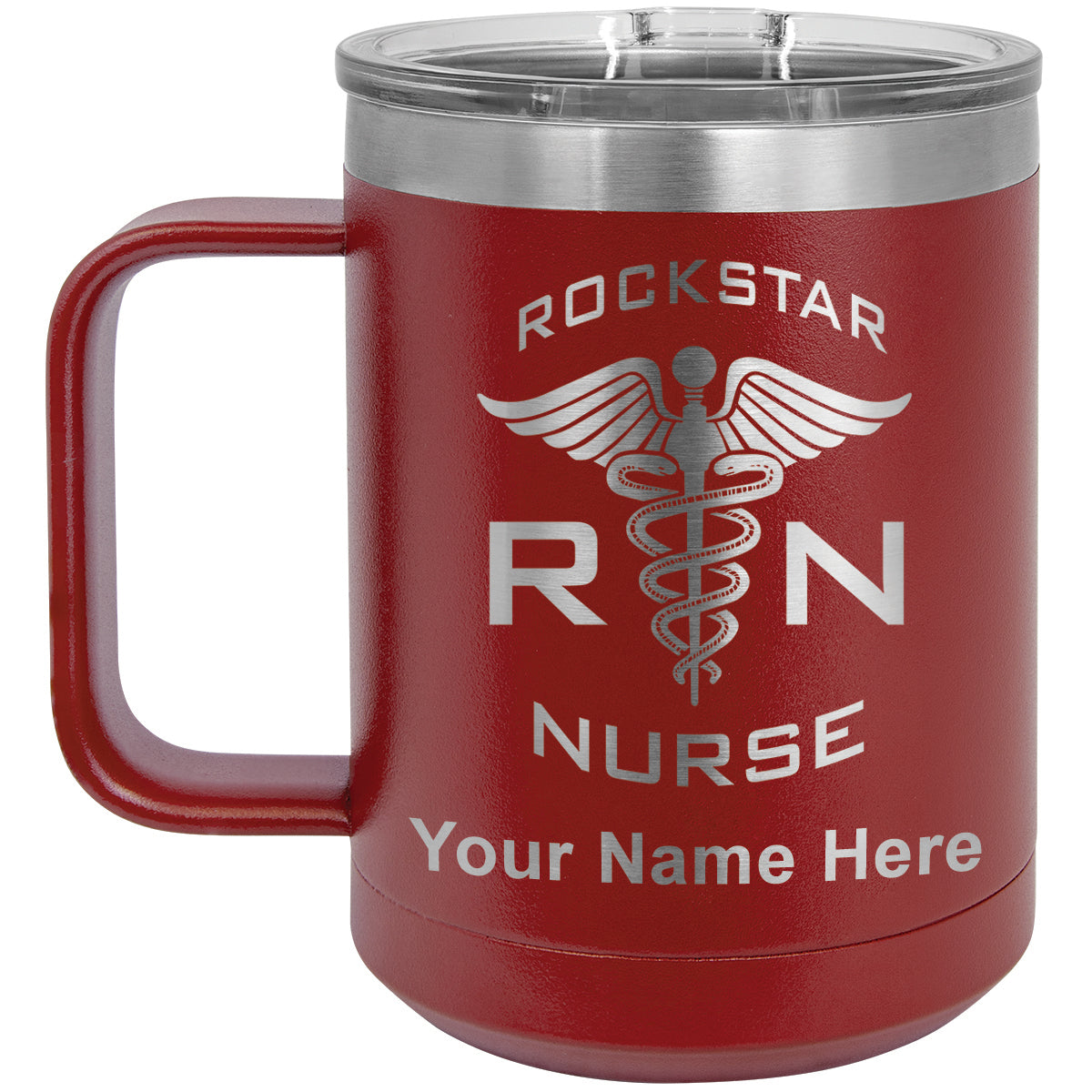 15oz Vacuum Insulated Coffee Mug, RN Rockstar Nurse, Personalized Engraving Included