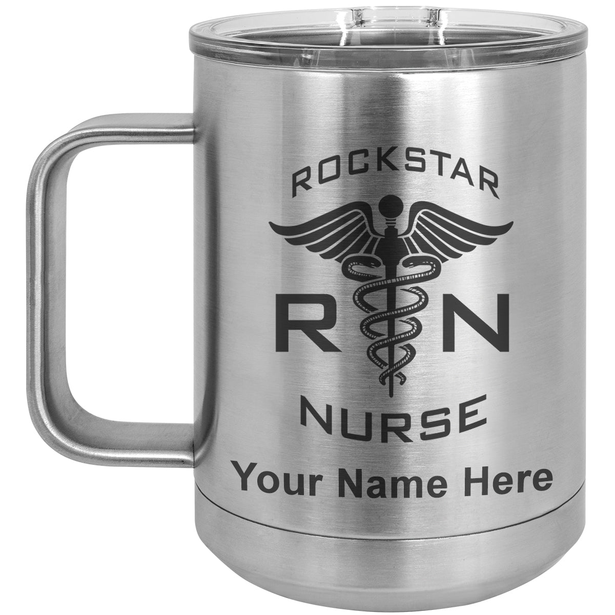 15oz Vacuum Insulated Coffee Mug, RN Rockstar Nurse, Personalized Engraving Included