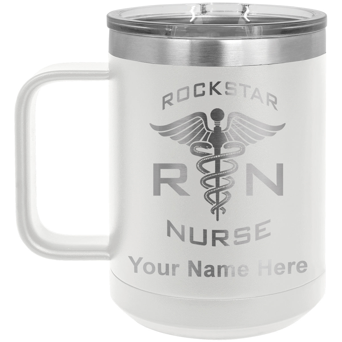 15oz Vacuum Insulated Coffee Mug, RN Rockstar Nurse, Personalized Engraving Included