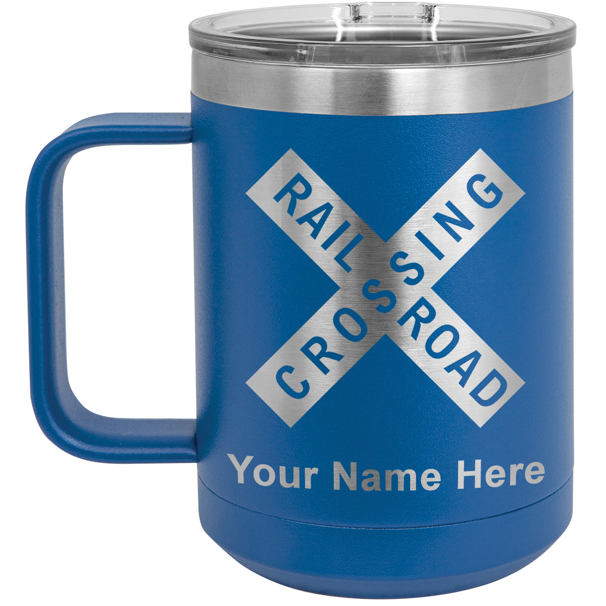 15oz Vacuum Insulated Coffee Mug, Railroad Crossing Sign 1, Personalized Engraving Included
