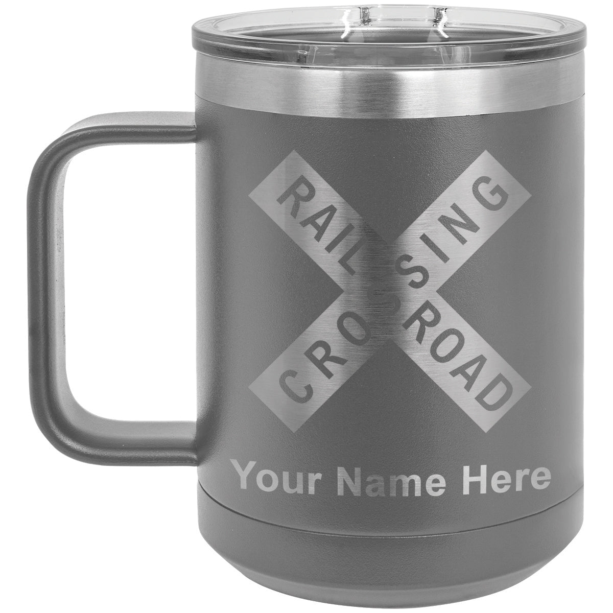 15oz Vacuum Insulated Coffee Mug, Railroad Crossing Sign 1, Personalized Engraving Included