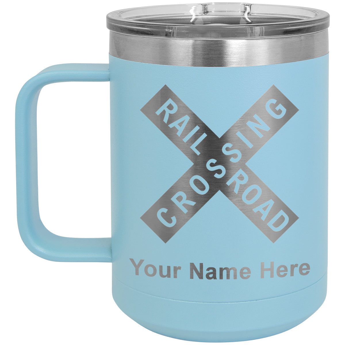15oz Vacuum Insulated Coffee Mug, Railroad Crossing Sign 1, Personalized Engraving Included