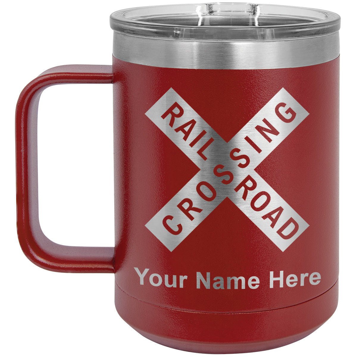 15oz Vacuum Insulated Coffee Mug, Railroad Crossing Sign 1, Personalized Engraving Included