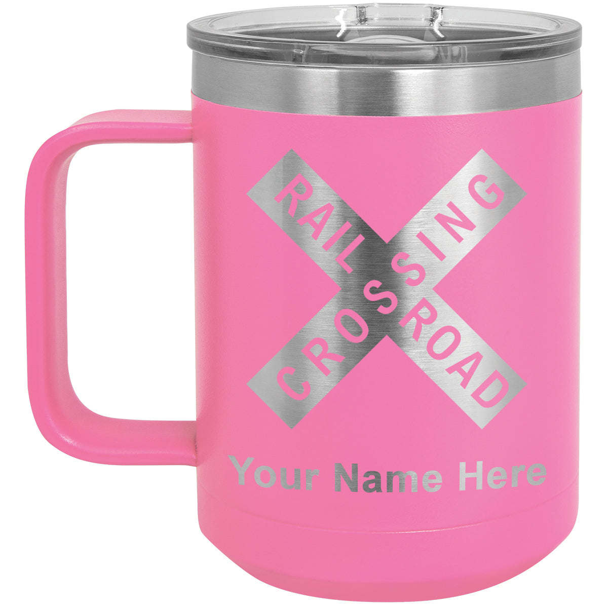 15oz Vacuum Insulated Coffee Mug, Railroad Crossing Sign 1, Personalized Engraving Included