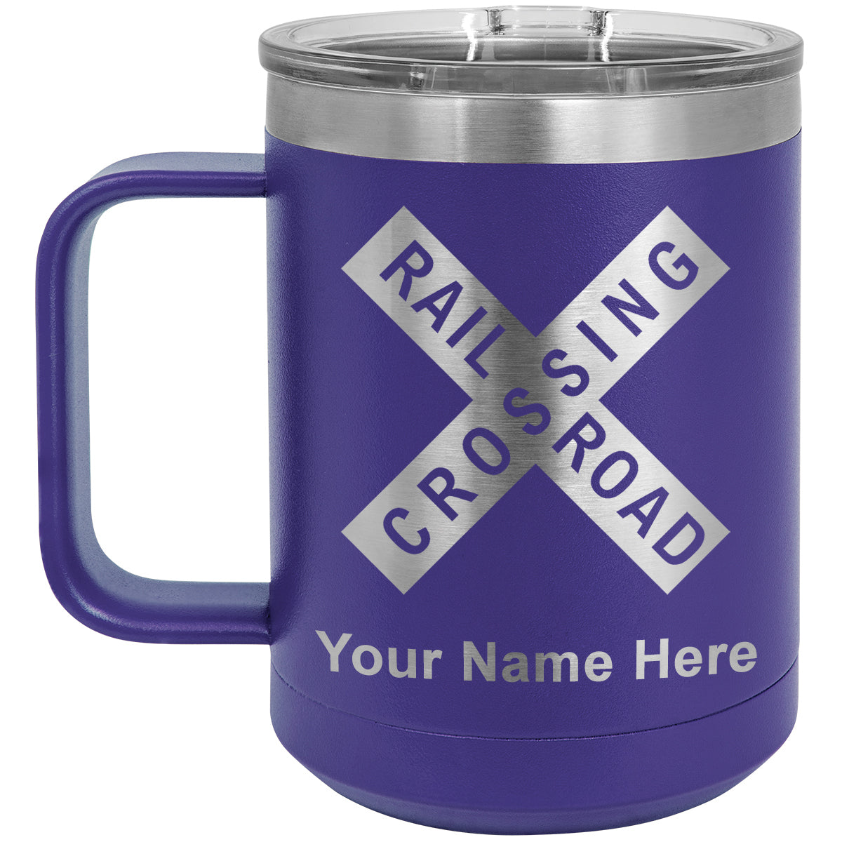 15oz Vacuum Insulated Coffee Mug, Railroad Crossing Sign 1, Personalized Engraving Included