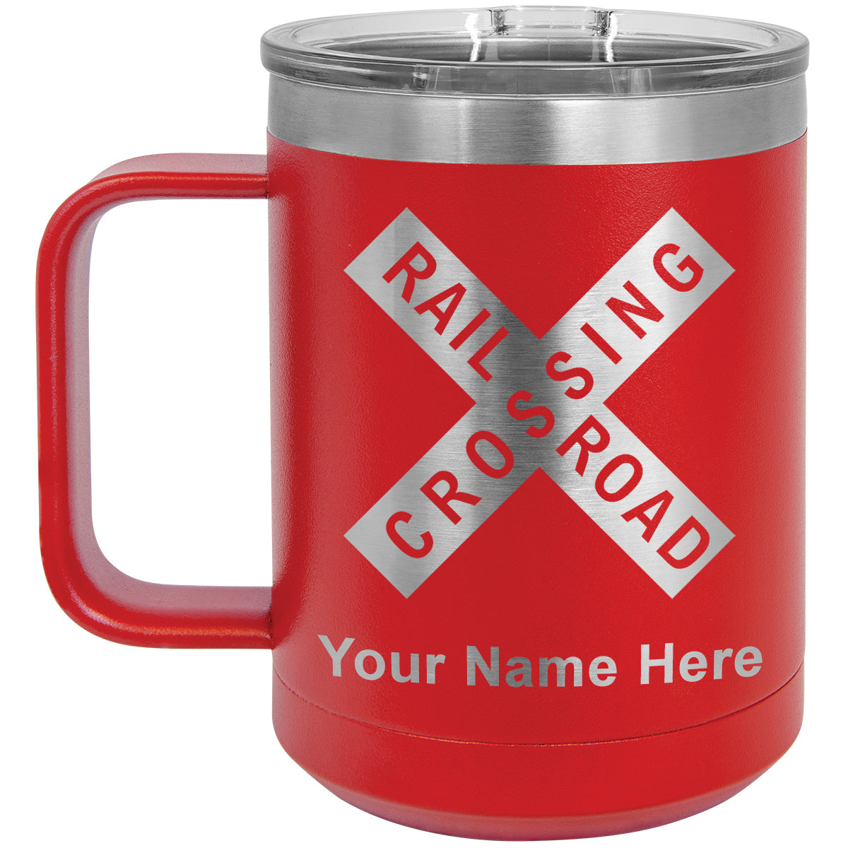 15oz Vacuum Insulated Coffee Mug, Railroad Crossing Sign 1, Personalized Engraving Included