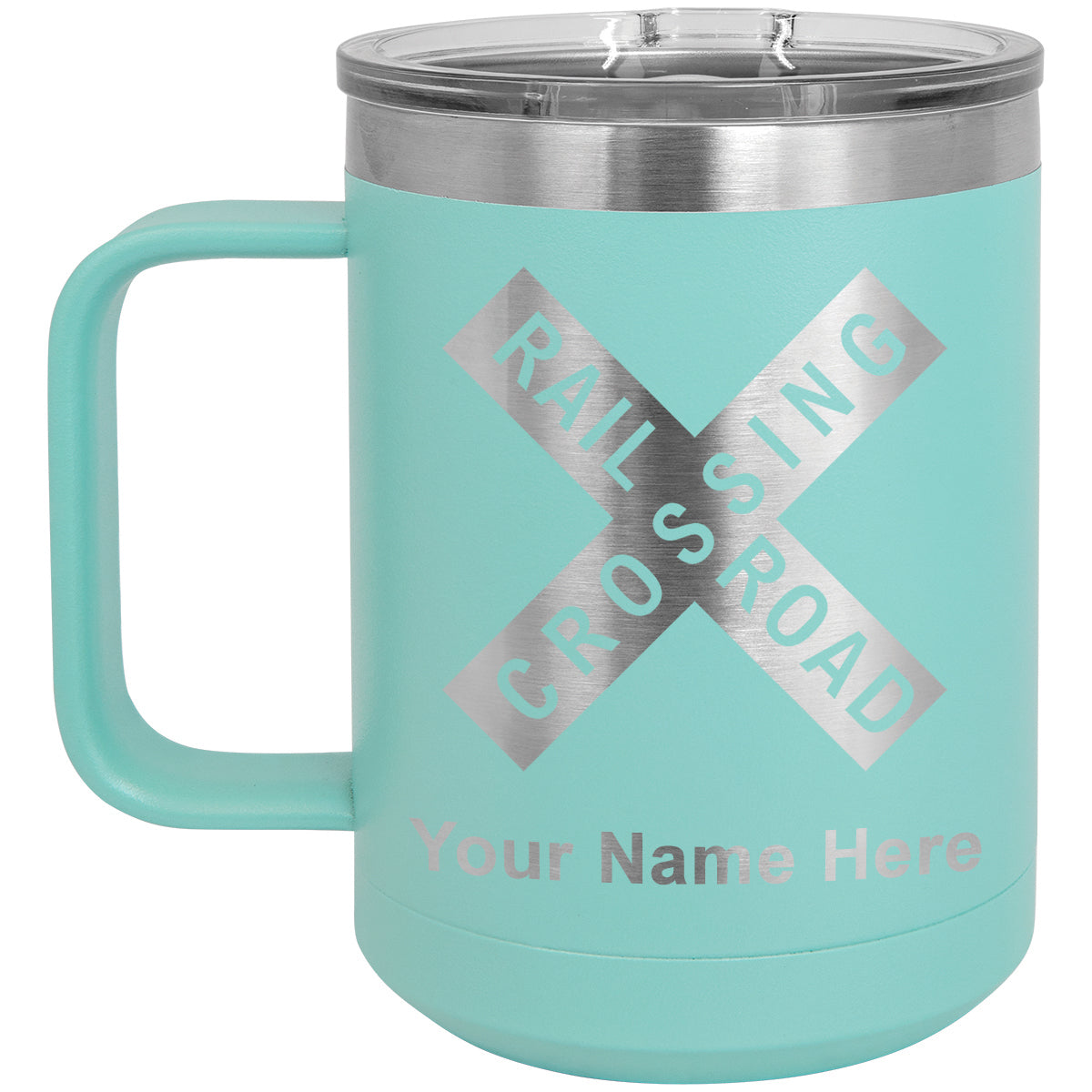15oz Vacuum Insulated Coffee Mug, Railroad Crossing Sign 1, Personalized Engraving Included