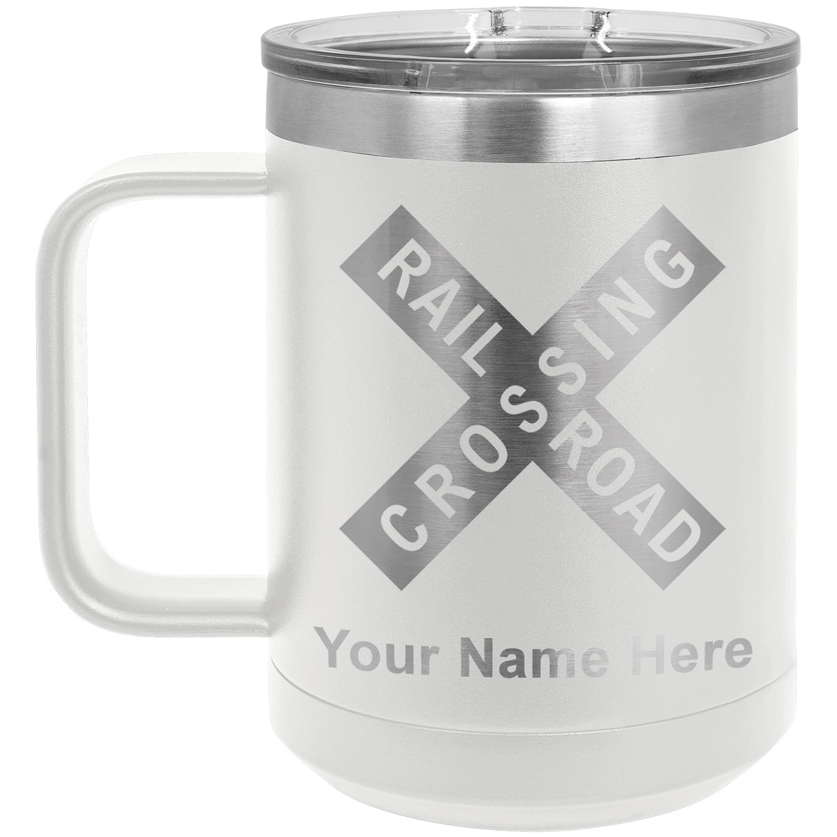 15oz Vacuum Insulated Coffee Mug, Railroad Crossing Sign 1, Personalized Engraving Included