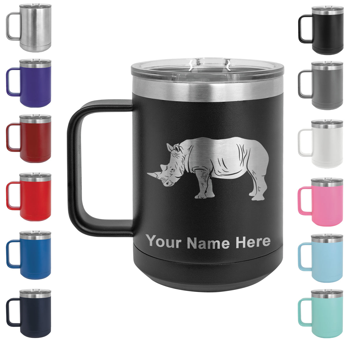 15oz Vacuum Insulated Coffee Mug, Rhinoceros, Personalized Engraving Included