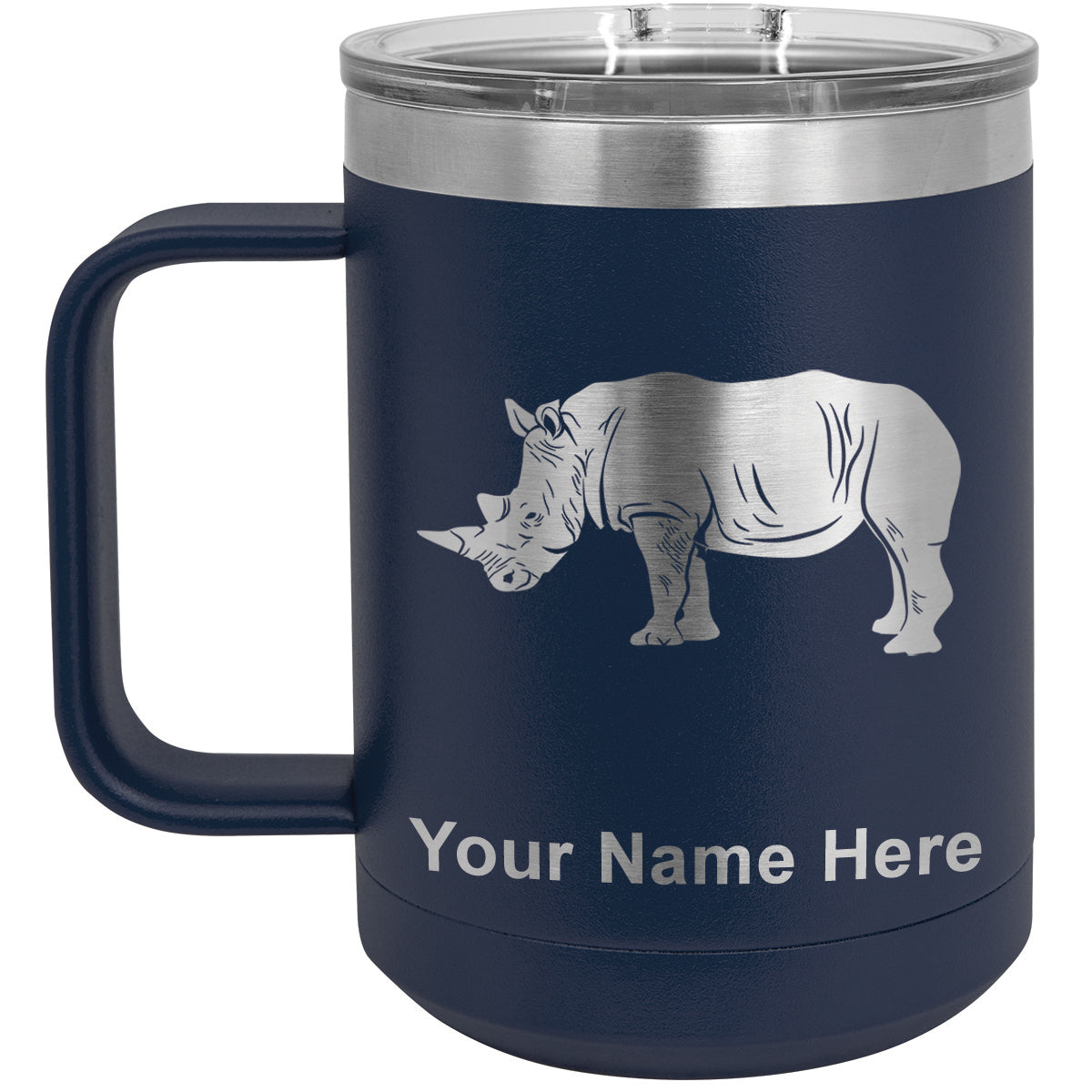 15oz Vacuum Insulated Coffee Mug, Rhinoceros, Personalized Engraving Included