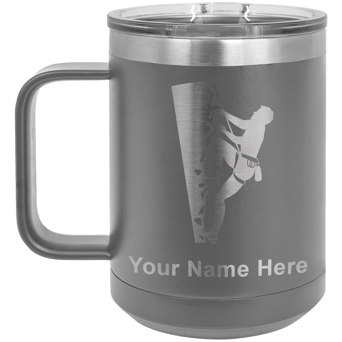 15oz Vacuum Insulated Coffee Mug, Rock Climber, Personalized Engraving Included