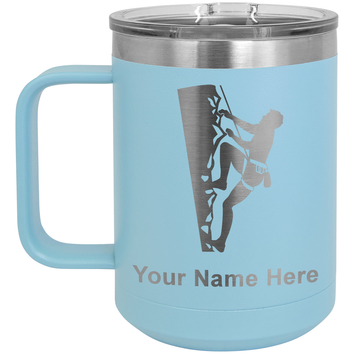 15oz Vacuum Insulated Coffee Mug, Rock Climber, Personalized Engraving Included