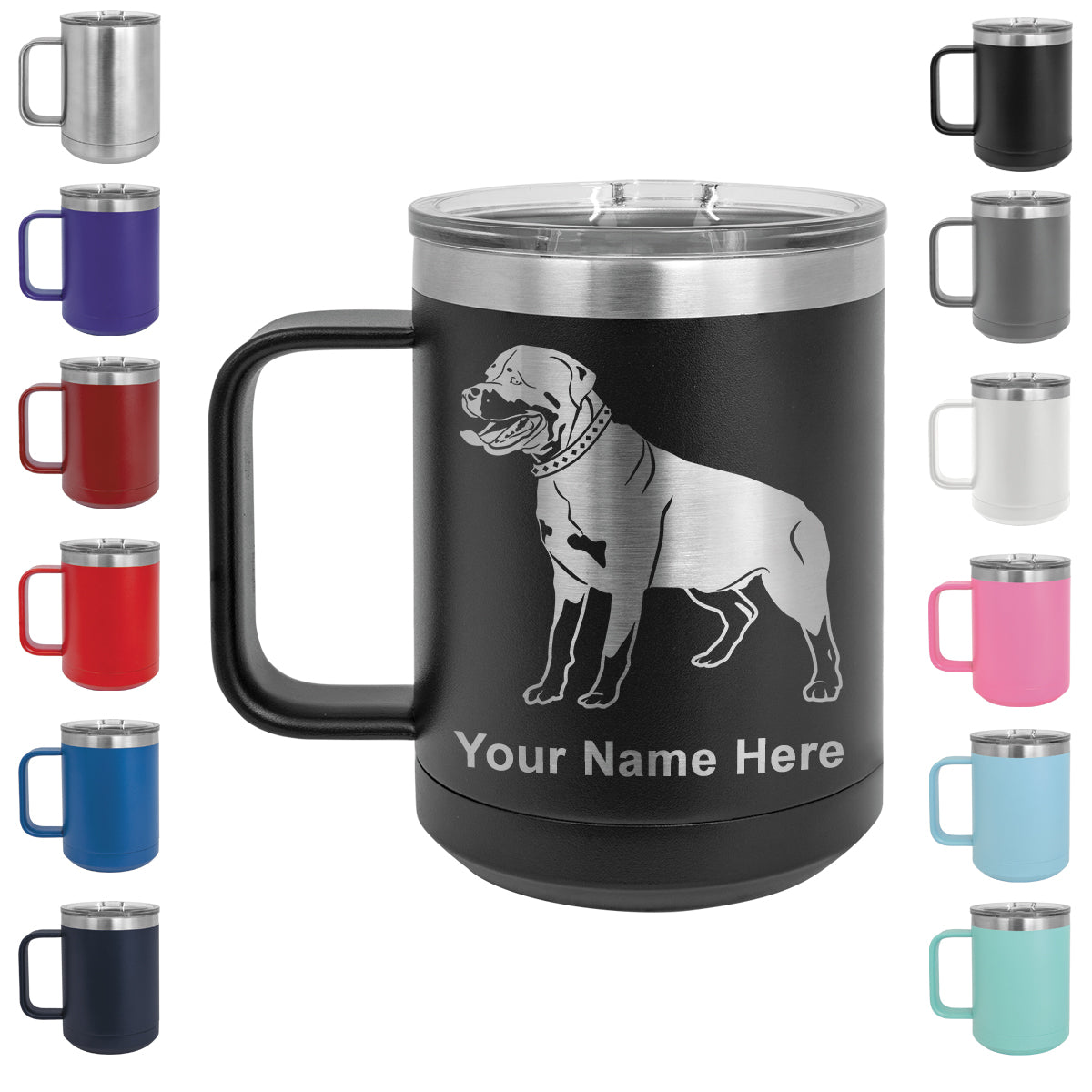 15oz Vacuum Insulated Coffee Mug, Rottweiler Dog, Personalized Engraving Included