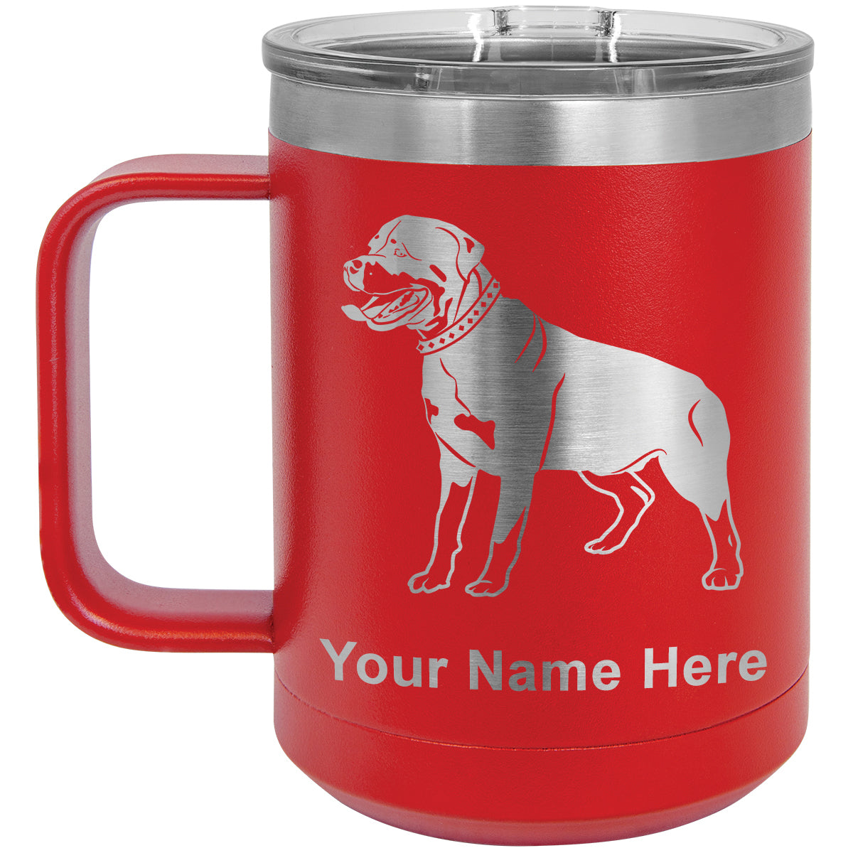 15oz Vacuum Insulated Coffee Mug, Rottweiler Dog, Personalized Engraving Included