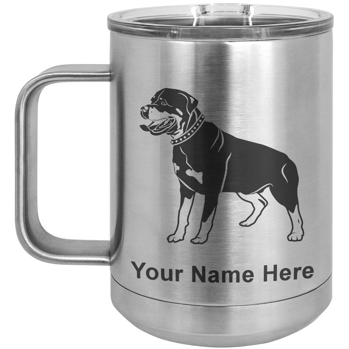 15oz Vacuum Insulated Coffee Mug, Rottweiler Dog, Personalized Engraving Included