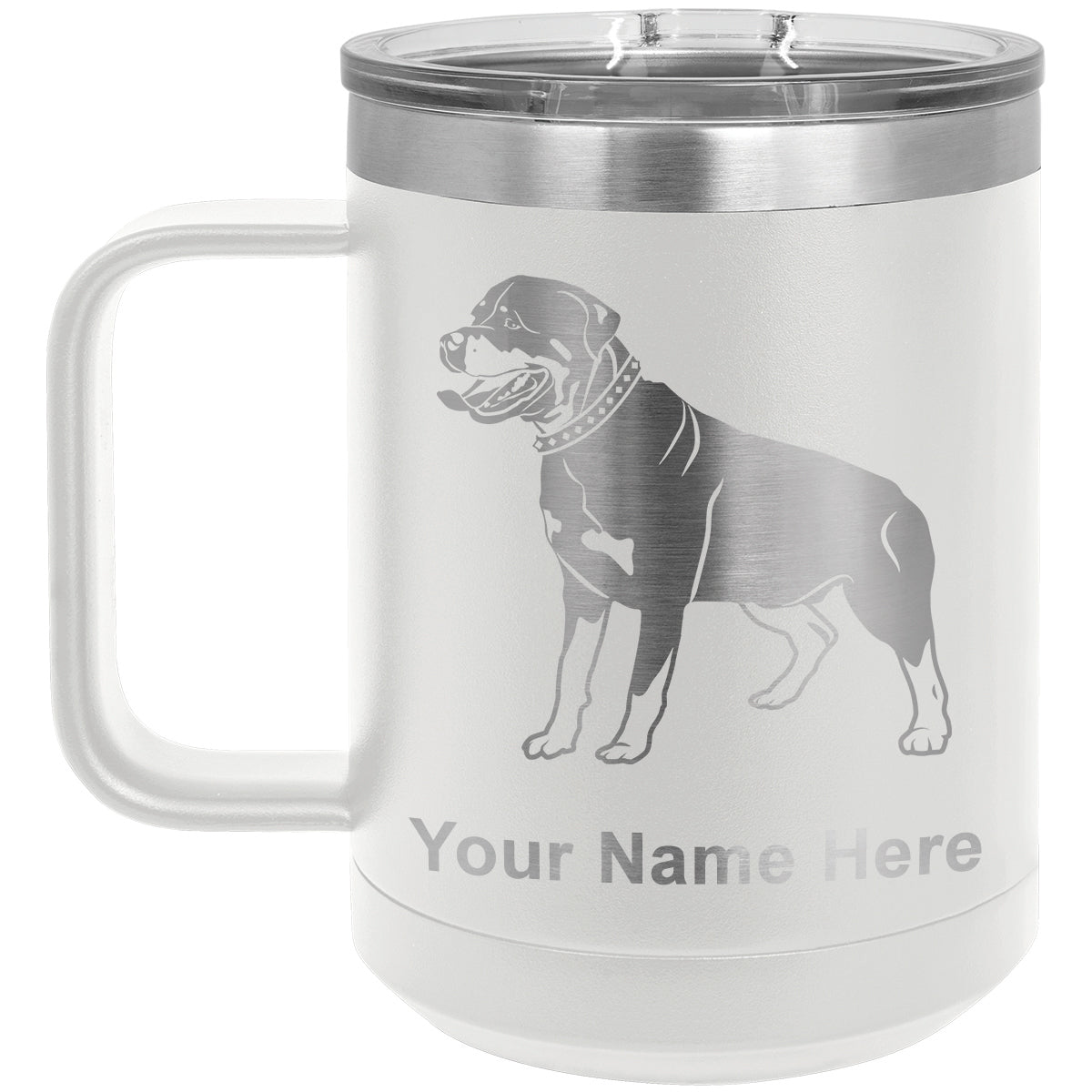 15oz Vacuum Insulated Coffee Mug, Rottweiler Dog, Personalized Engraving Included