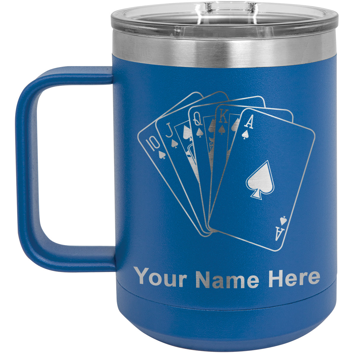 15oz Vacuum Insulated Coffee Mug, Royal Flush Poker Cards, Personalized Engraving Included