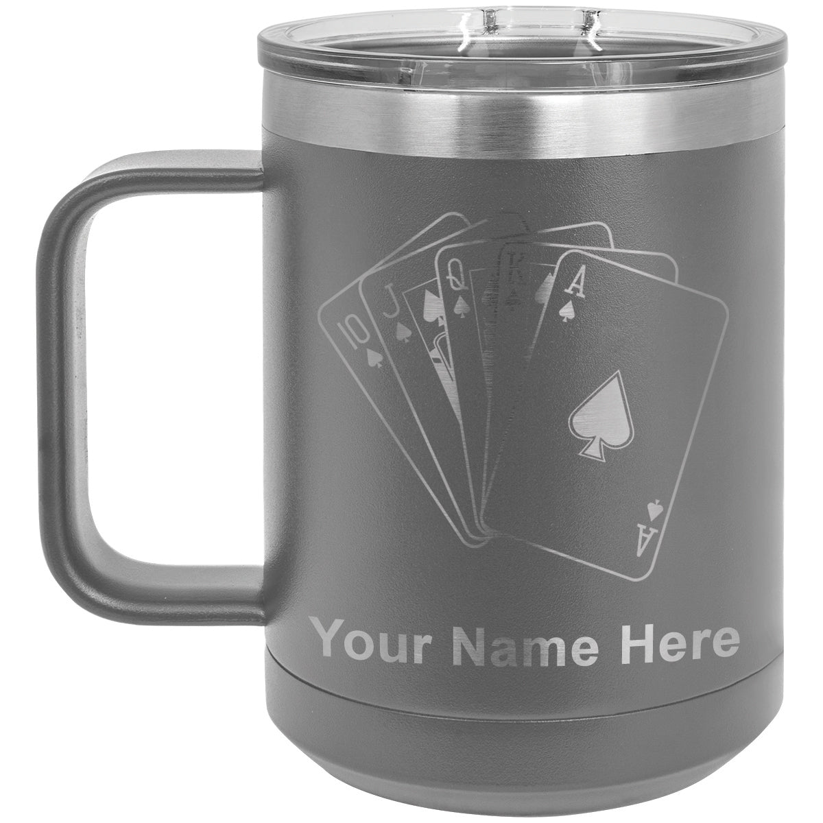 15oz Vacuum Insulated Coffee Mug, Royal Flush Poker Cards, Personalized Engraving Included