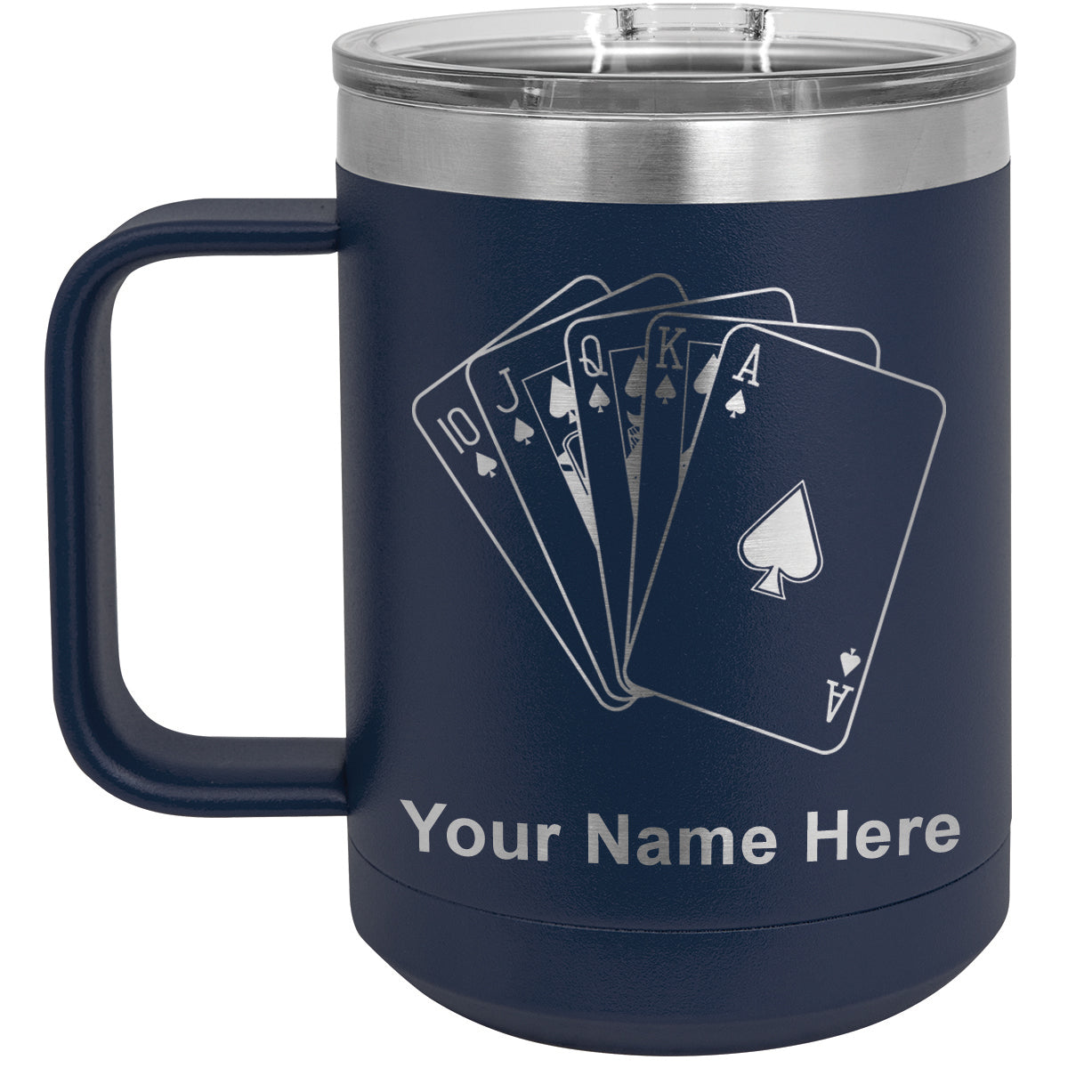 15oz Vacuum Insulated Coffee Mug, Royal Flush Poker Cards, Personalized Engraving Included