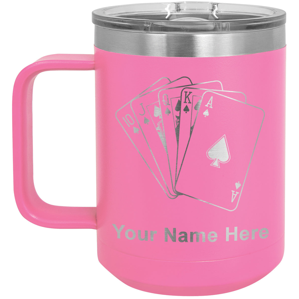 15oz Vacuum Insulated Coffee Mug, Royal Flush Poker Cards, Personalized Engraving Included